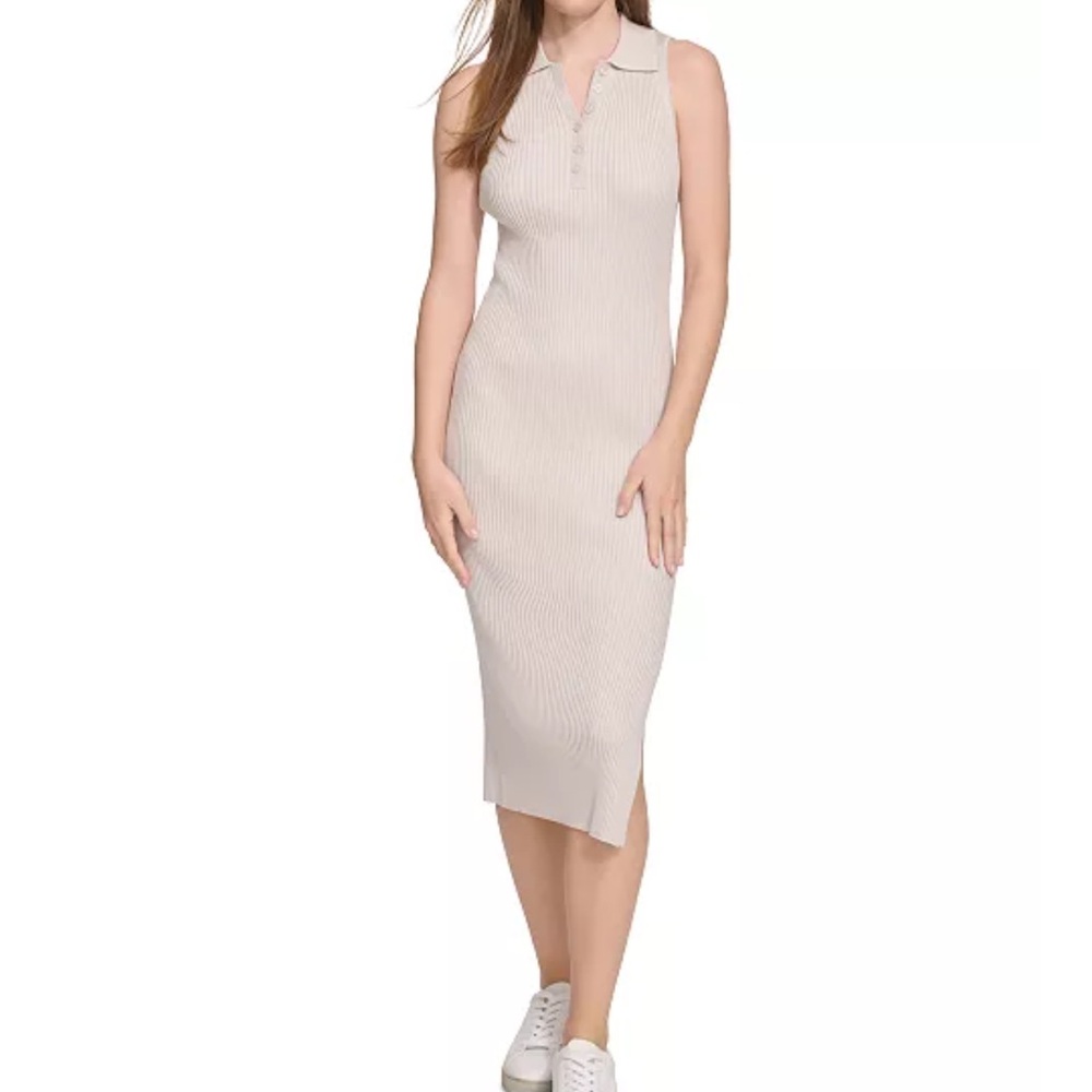 Calvin Klein Jeans Cream Ribbed Sheath Midi Dress